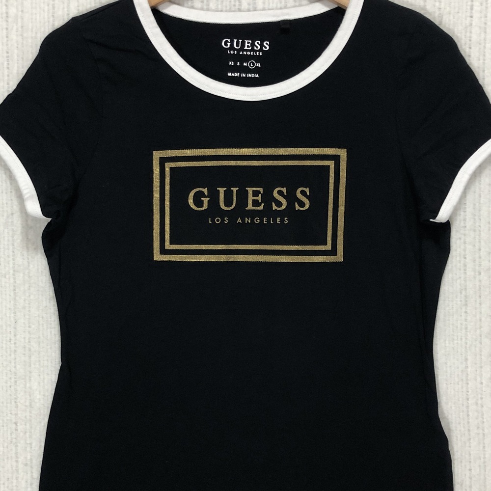 Guess Los Angeles Women Black Gold Logo Ringer T-Shirt QBB148 K9TJ0 Size L